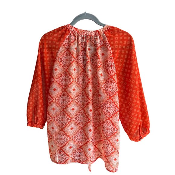 Kut From the Kloth sz XL orange block print tie hemline 3/4 sleeve semisheer top - Picture 3 of 7